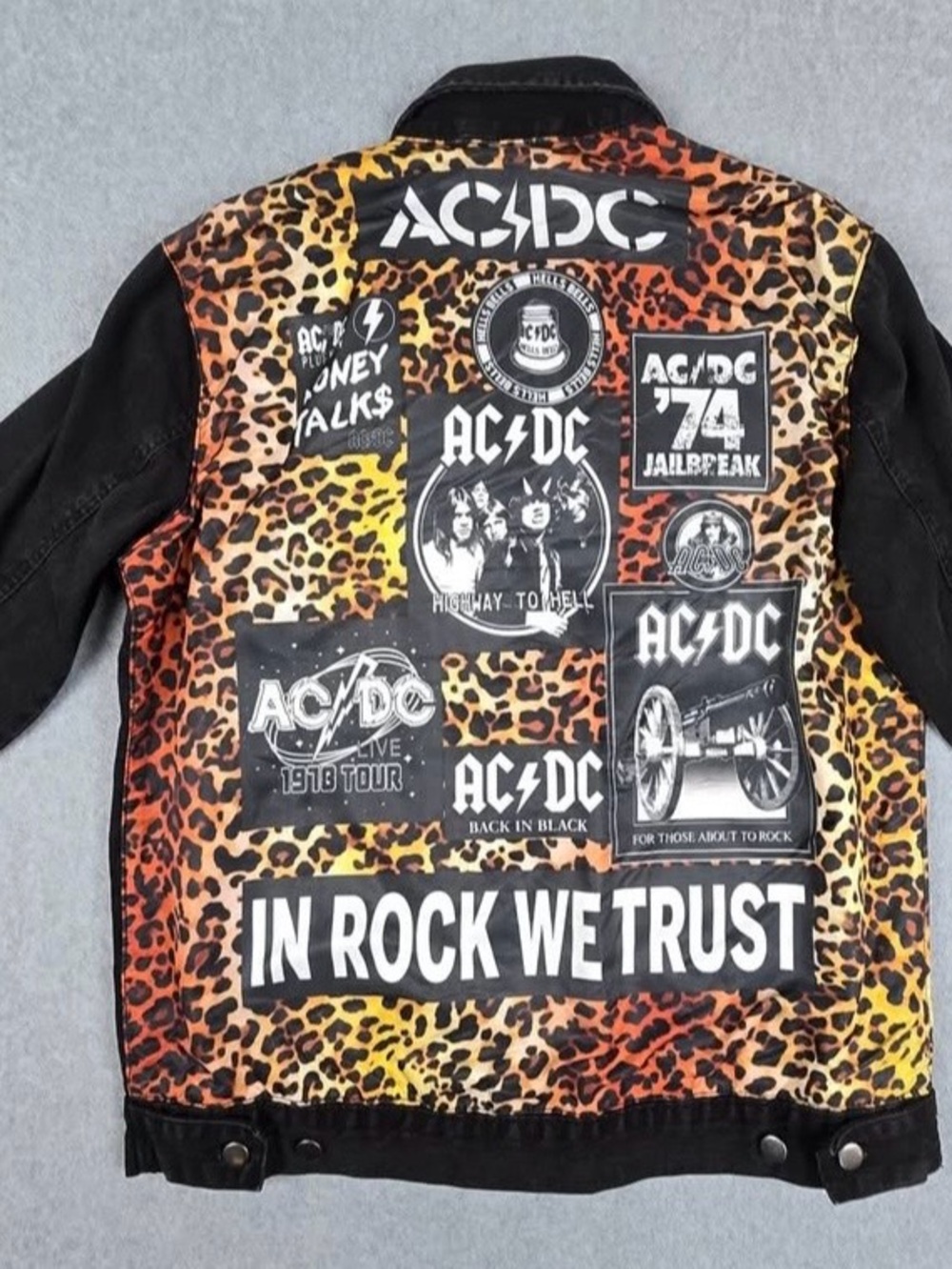 Official AC⚡️DC Leopard Print Back Black Denim Jacket | In Rock We Trust